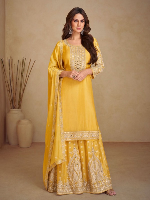 Real Chinnon Silk Party Wear Sharara Yellow Color with Embroidery Work