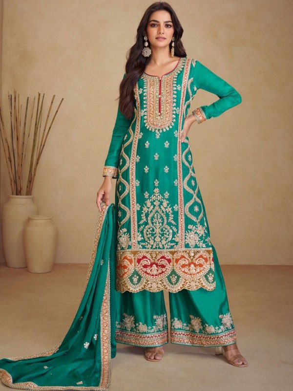 Real Chinnon Silk Party Wear Sharara Green Color with Embroidery Work
