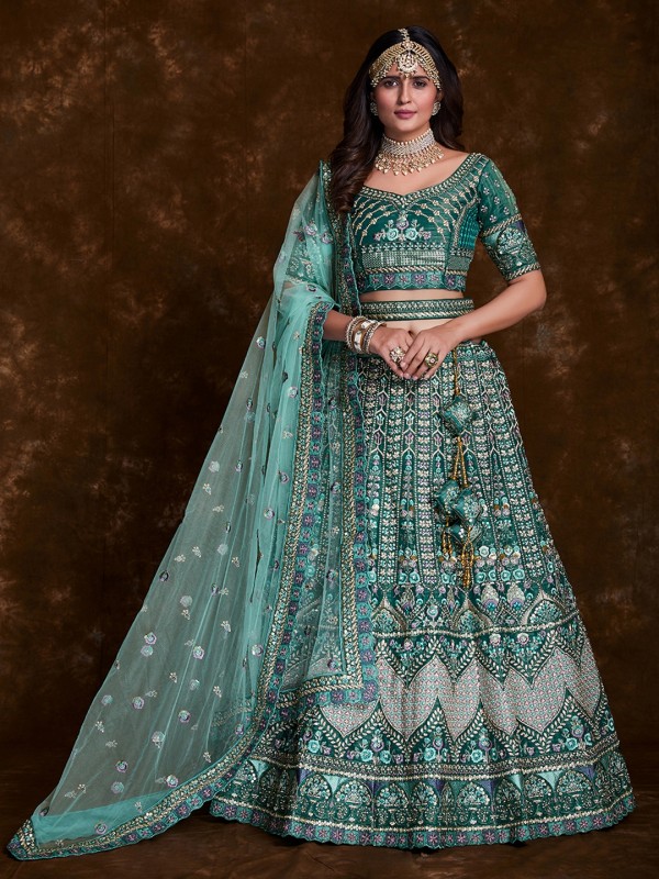 Art Silk Wedding Wear Lehenga In Teal Blue Color  With Embroidery Work