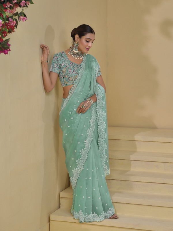 Pure Banarasi tascany Fabric Wedding wear Saree In Sea Green Color With Embroidery Work