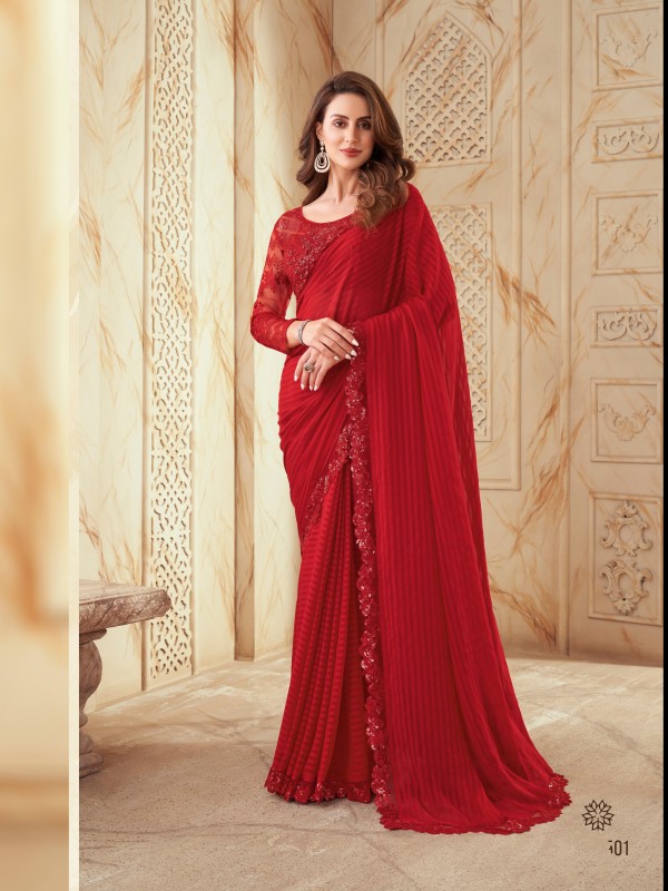 Silk  Saree  Red Color With Embroidery Work