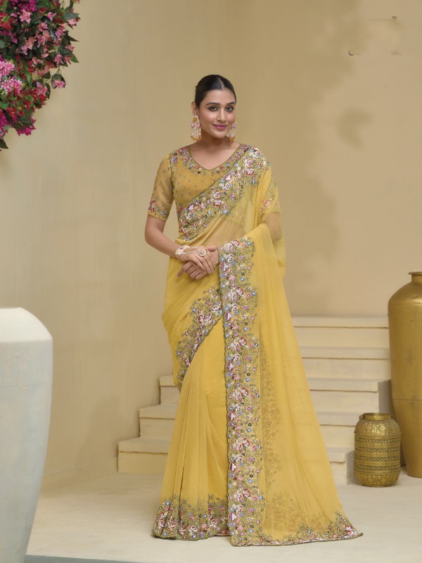 Pure Banarasi tascany Fabric Wedding wear Saree In Mustard Color With Embroidery Work