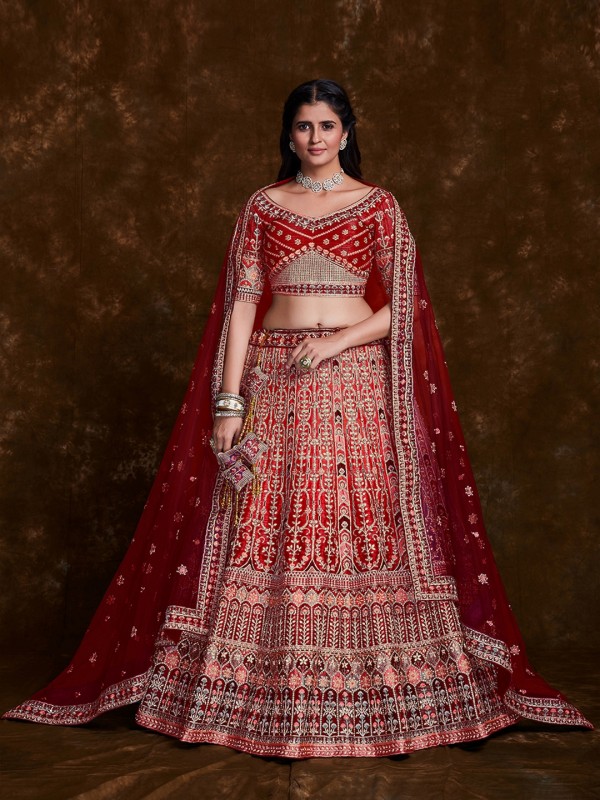 Art Silk Wedding Wear Lehenga In Red Color  With Embroidery Work