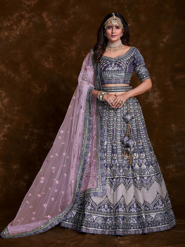 Art Silk Wedding Wear Lehenga In Violet Color  With Embroidery Work