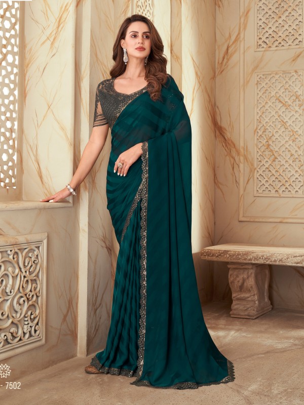 Silk  Saree Teal Blue Color With Embroidery Work