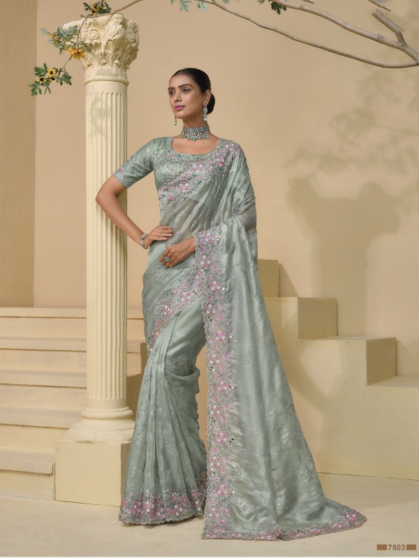 Pure Soft Silk Fabric Wedding wear Saree In Pista Color With Embroidery Work