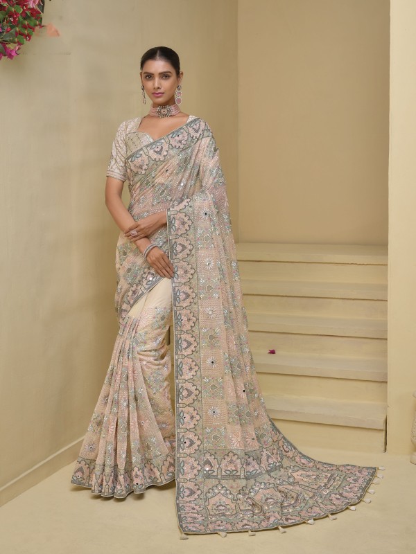 Pure Banarasi tascany Fabric Wedding wear Saree In Cream Color With Embroidery Work