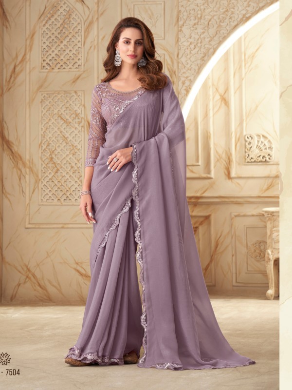 Silk  Saree Purple Color With Embroidery Work