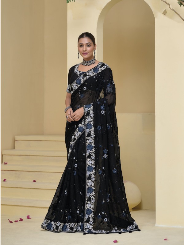 Pure Banarasi tascany Fabric Wedding wear Saree In Black Color With Embroidery Work
