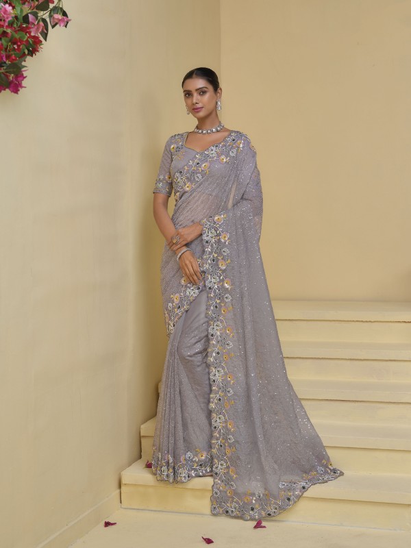 Pure Banarasi tascany Fabric Wedding wear Saree In Grey Color With Embroidery Work