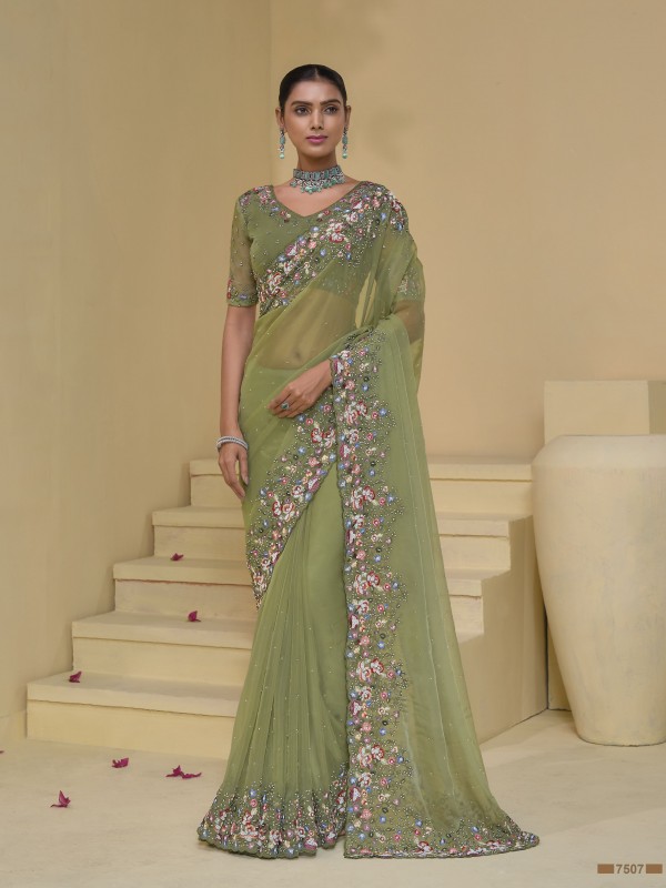 Pure Banarasi tascany Fabric Wedding wear Saree In Pista Color With Embroidery Work