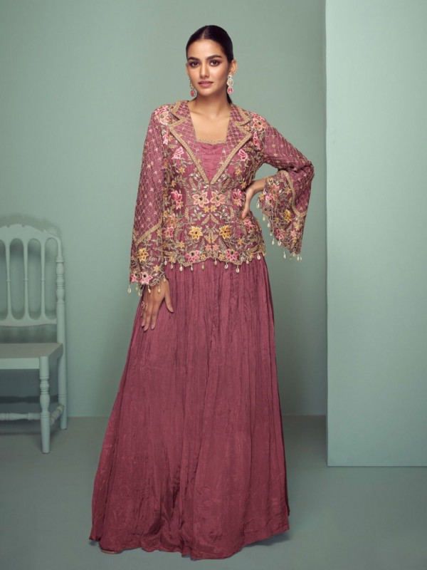 Real Chinon Silk Party Wear Sharara Pink Color with Embroidery Work