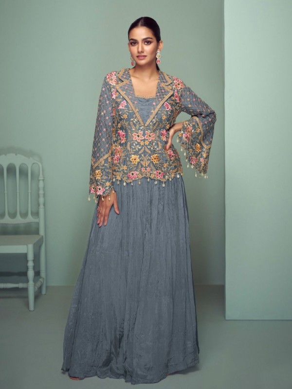 Real Chinon Silk Party Wear Sharara Grey Color with Embroidery Work