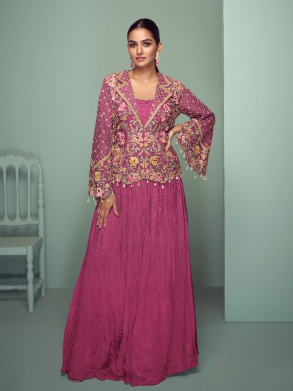 Real Chinon Silk Party Wear Sharara Pink Color with Embroidery Work