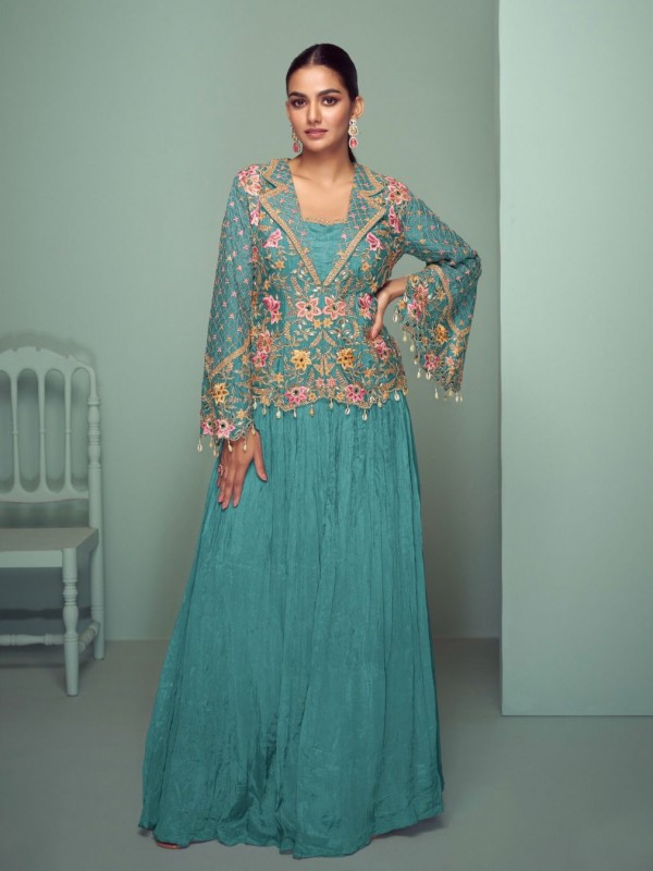 Real Chinon Silk Party Wear Sharara Turquoise Color with Embroidery Work