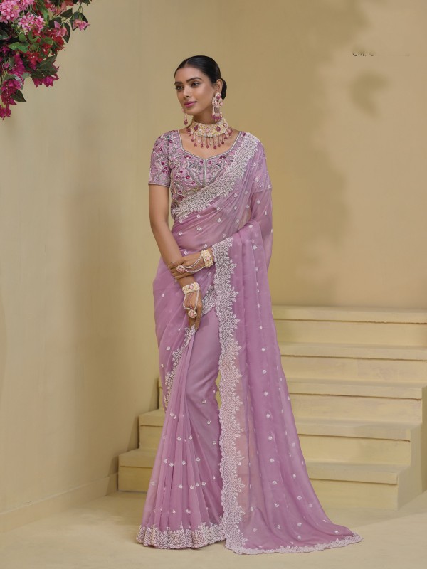 Pure Banarasi tascany Fabric Wedding wear Saree In Pink Color With Embroidery Work