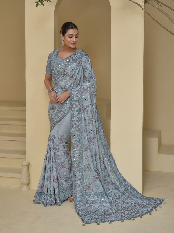 Pure Banarasi tascany Fabric Wedding wear Saree In Grey Color With Embroidery Work