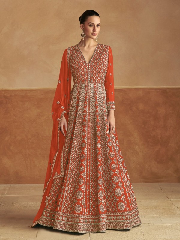 Pure Chinon Silk Party Wear Gown In Orange with Embroidery Work