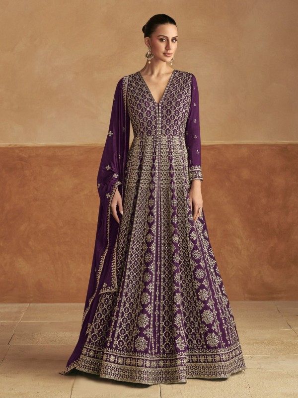 Pure Chinon Silk Party Wear Gown In Purple with Embroidery Work
