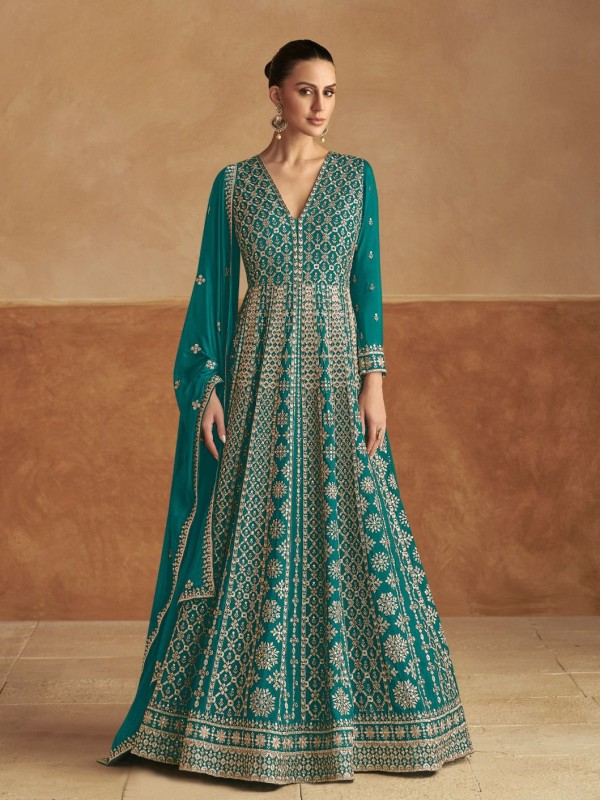 Pure Chinon Silk Party Wear Gown In Green with Embroidery Work