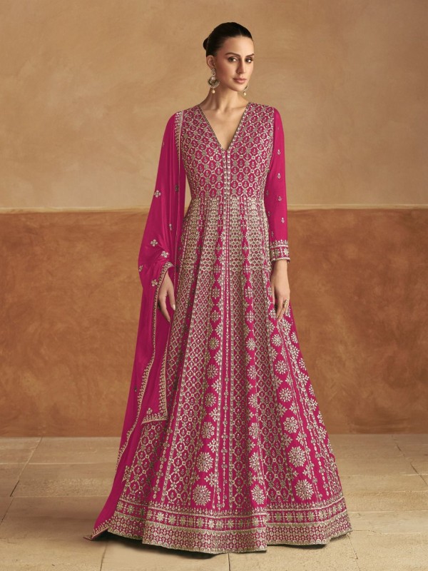 Pure Chinon Silk Party Wear Gown In Pink with Embroidery Work