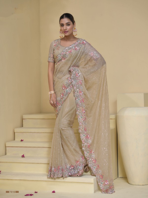 Pure Banarasi tascany Fabric Wedding wear Saree In Cream Color With Embroidery Work