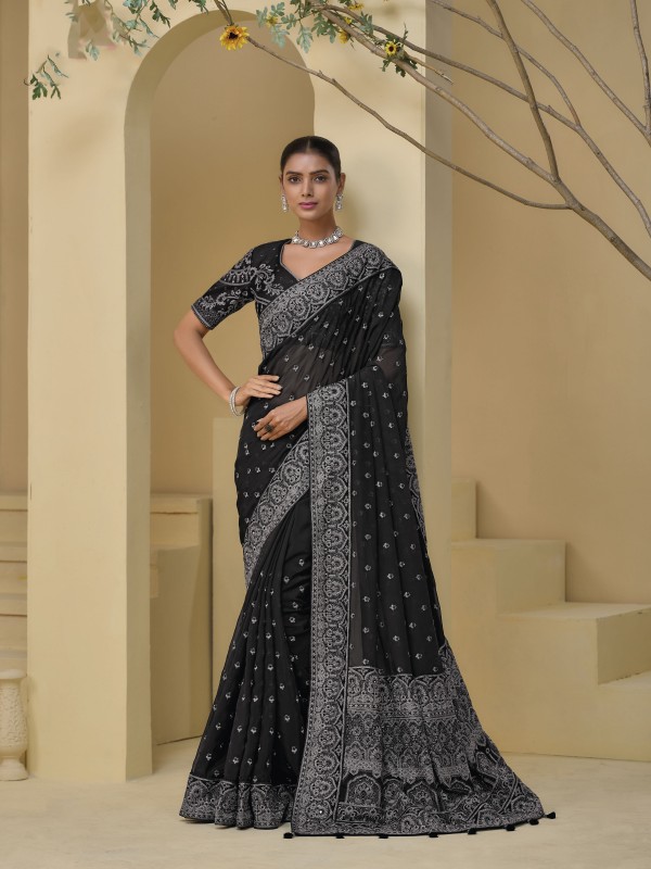 Pure Banarasi tascany Fabric Wedding wear Saree In Black Color With Embroidery Work