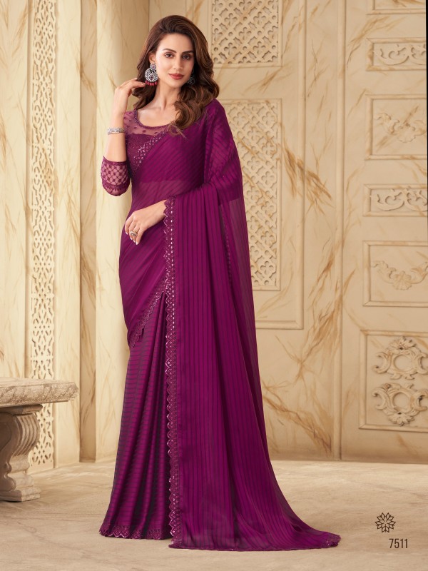 Silk  Saree Magenta Color With Embroidery Work