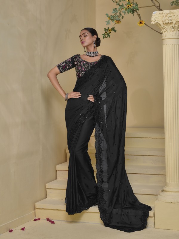 Pure Banarasi tascany Fabric Wedding wear Saree In Black Color With Embroidery Work