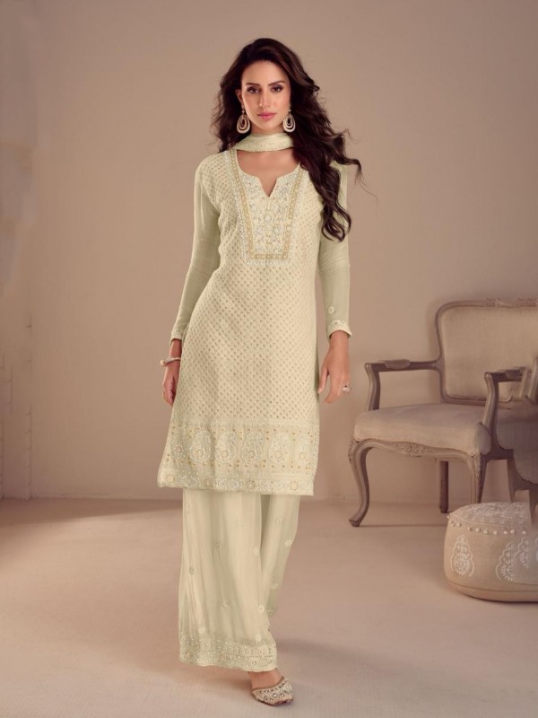 Real Georgette Silk Party Wear Sharara Cream Color with Embroidery Work