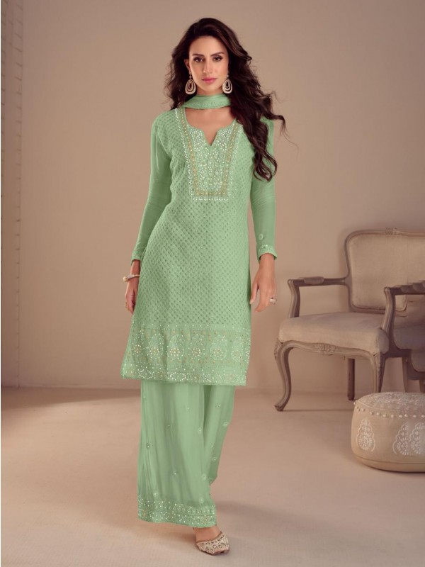 Real Georgette Silk Party Wear Sharara Light Green Color with Embroidery Work