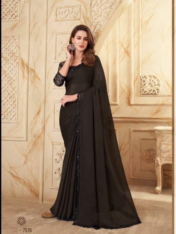 Silk  Saree Black Color With Embroidery Work