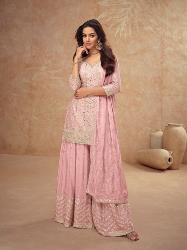 Pure Chinon Silk Party Wear Sharara Light Pink Color with Embroidery Work