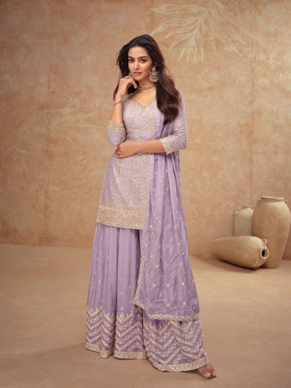 Pure Chinon Silk Party Wear Sharara Lovender Color with Embroidery Work