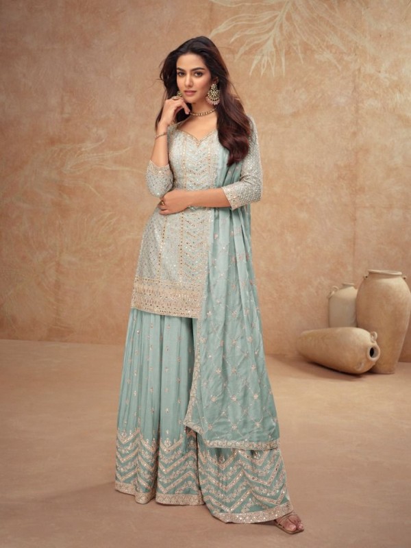 Pure Chinon Silk Party Wear Sharara Turquoise Color with Embroidery Work