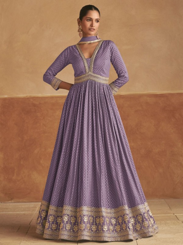 Pure Viscose Silk Party Wear Gown In Light Lavender Color with Embroidery Work