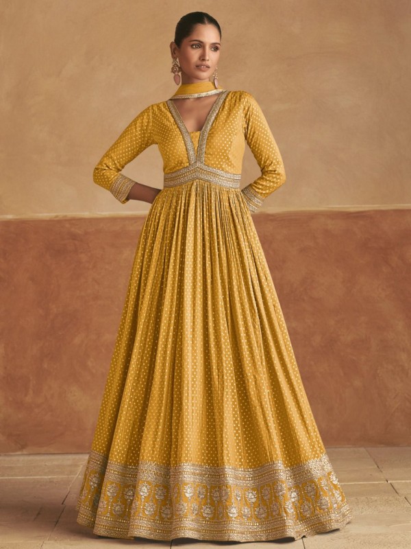 Pure Viscose Silk Party Wear Gown In Yellow with Embroidery Work