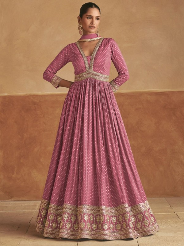 Pure Viscose Silk Party Wear Gown In Peach Color with Embroidery Work