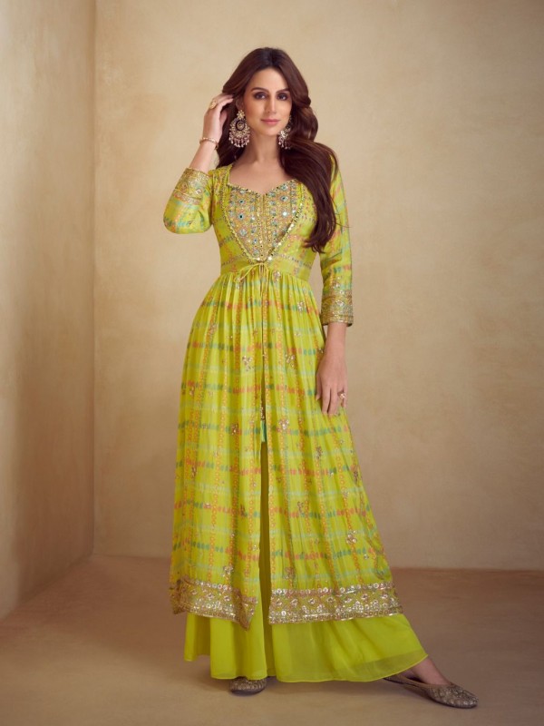 Pure Chinon Silk Party Wear 3 pcs In Lemon Green with Embroidery Work