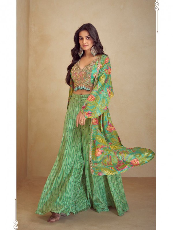 Pure Chinon Silk Party Wear 3 pcs In Lime Green with Embroidery Work