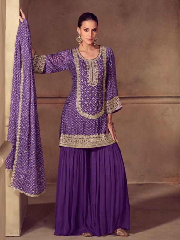 Pure Chinon Silk Party Wear Sharara Purple Color with Embroidery Work