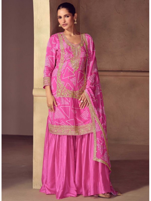 Pure Chinon Silk Party Wear Sharara Pink Color with Embroidery Work