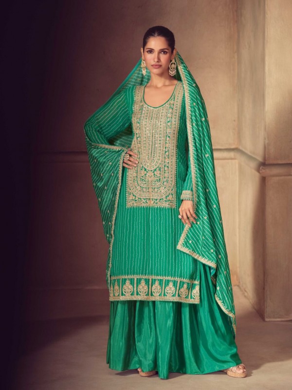 Pure Chinon Silk Party Wear Sharara Green Color with Embroidery Work