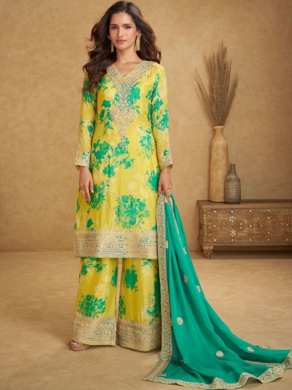 Real Chinon Silk Party Wear Sharara Lemon Green Color with Embroidery Work