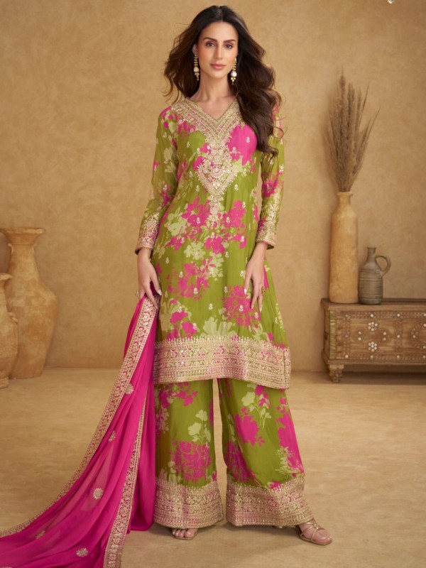 Real Chinon Silk Party Wear Sharara Mahendi Green Color with Embroidery Work