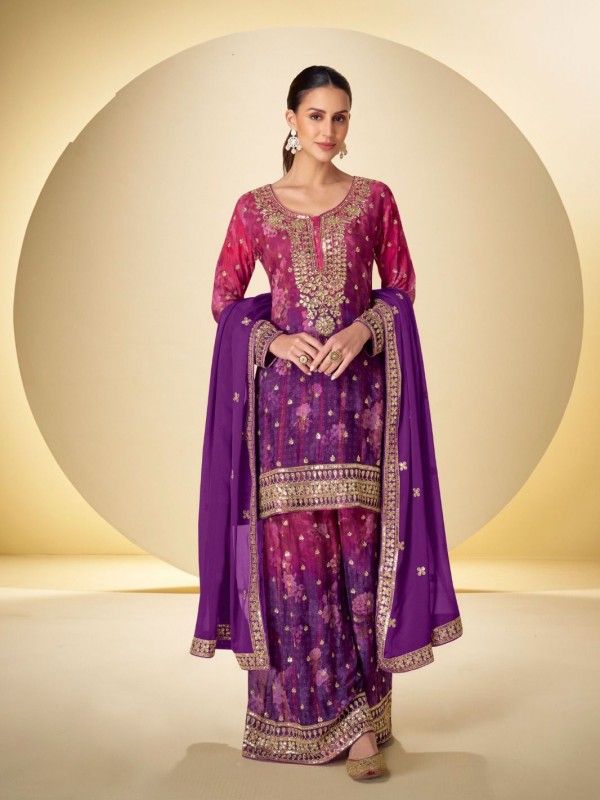 Real Chinon Silk Party Wear Sharara Purple Color with Embroidery Work