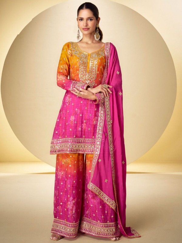 Real Chinon Silk Party Wear Sharara Pink Color with Embroidery Work