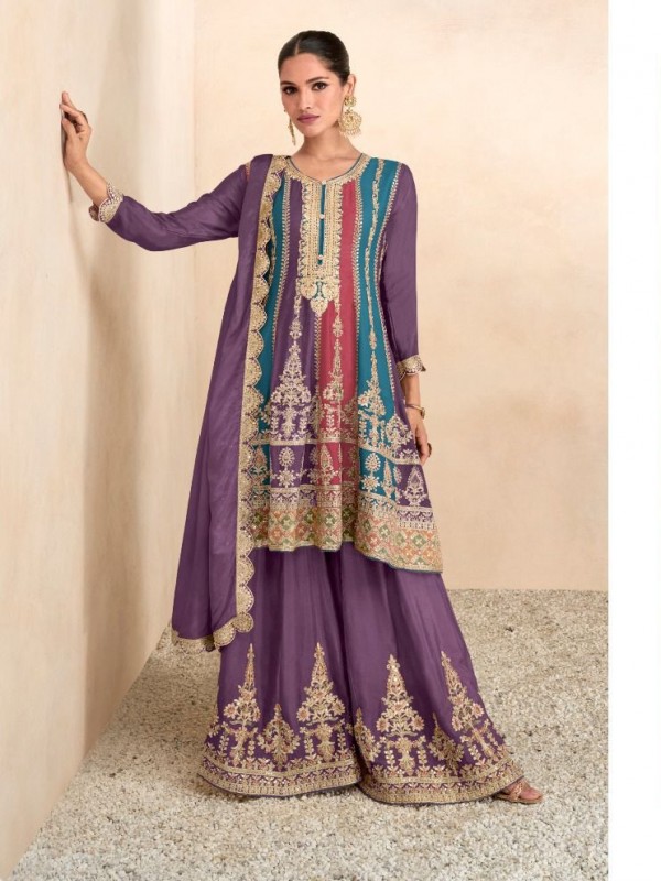 Real Chinon Party Wear Sharara In Purple With Embroidery Work 