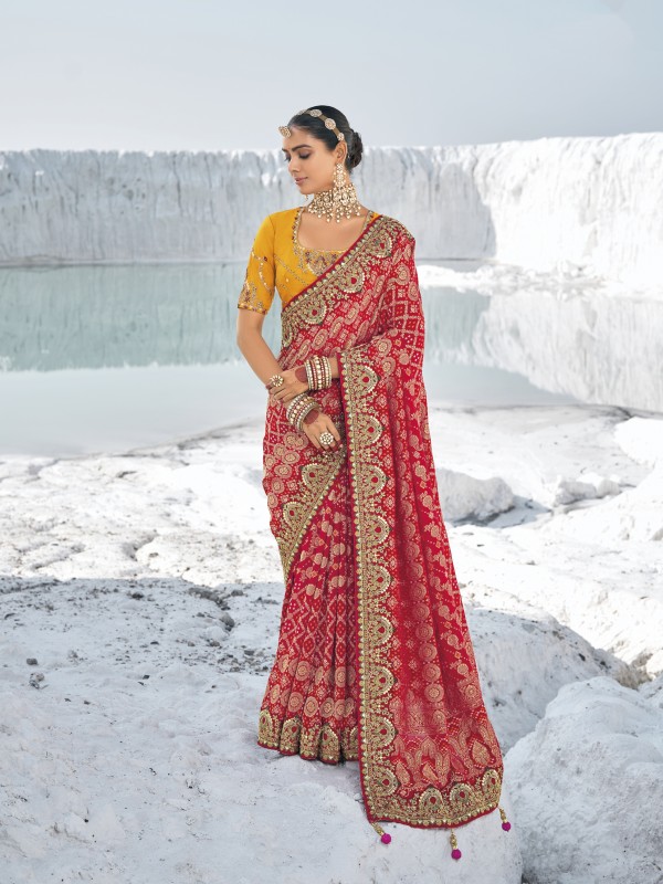Pure Georgette Bandhani Patola Silk  Fabric Wedding wear Saree In Red Color With Embroidery Work