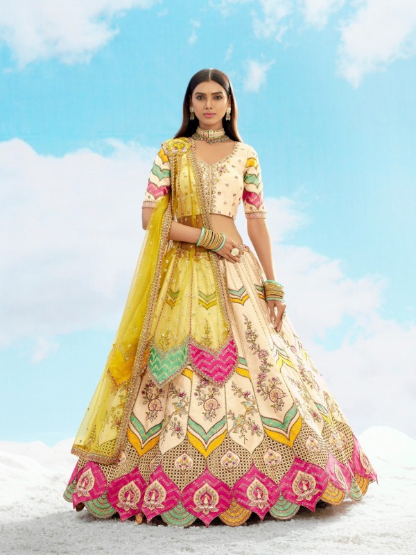 Fancy Silk Wedding Wear Lehenga in Cream Color With Embroidery work